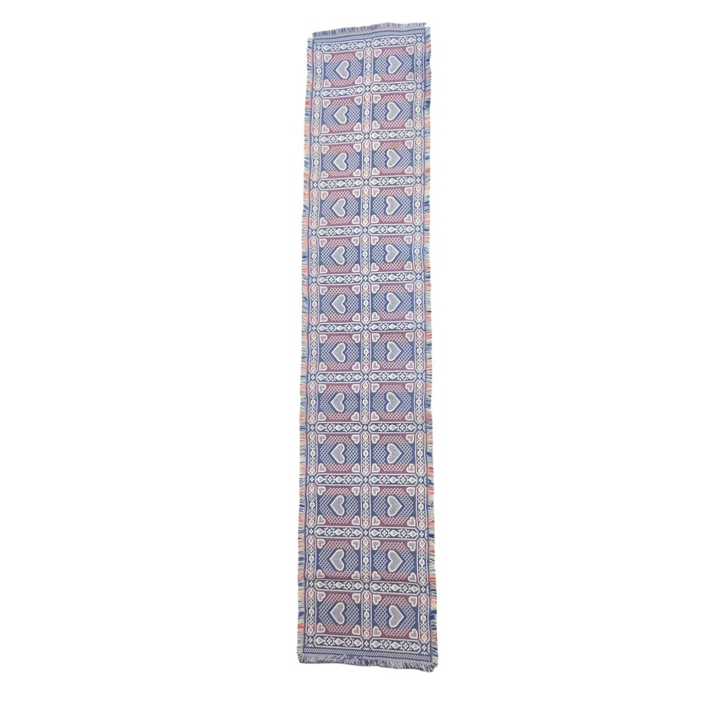 Vtg Woven Heart Table Runner Blue Red White Farmhouse Fringed 14.5x70